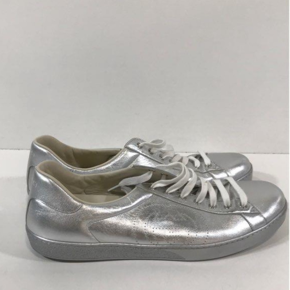 Men’s Authentic Gucci Interlocking G Leather Silver Lace Up Sneakers Size 15 - Picture 2 of 8